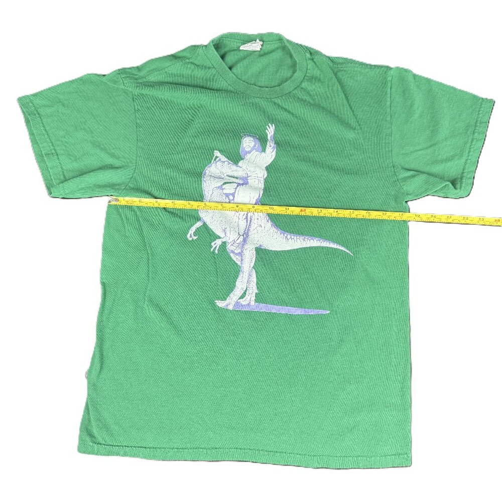 Men's green t-shirt, medium, Jesus on a Dinosaur